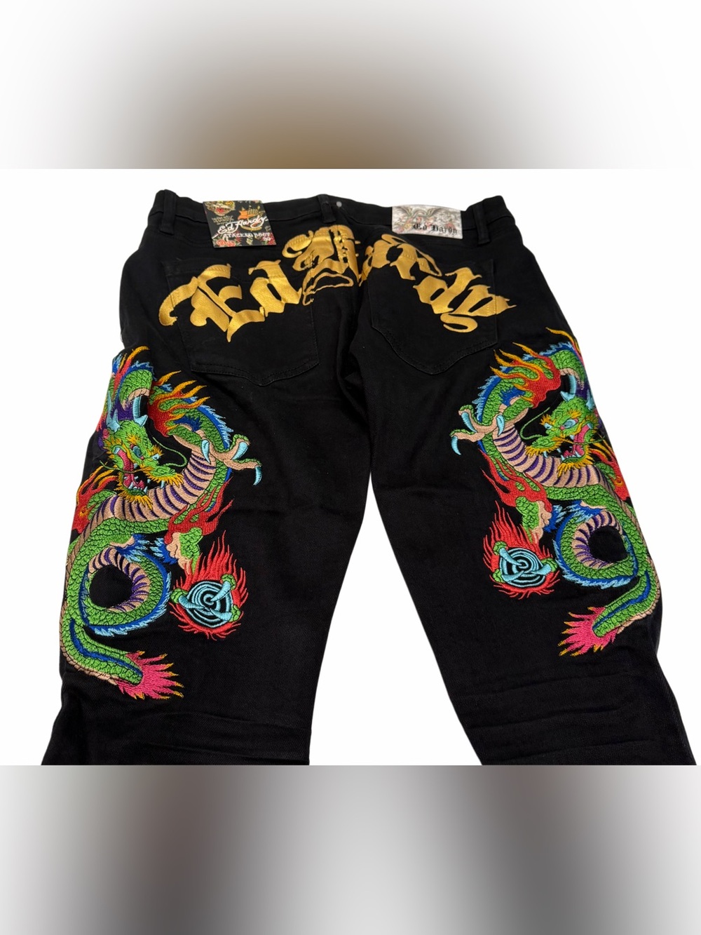 Ed Hardy Jeans Stacked Boot Mens 30x35 Embroidered Dragon Flames‎ Y2k Black NWT